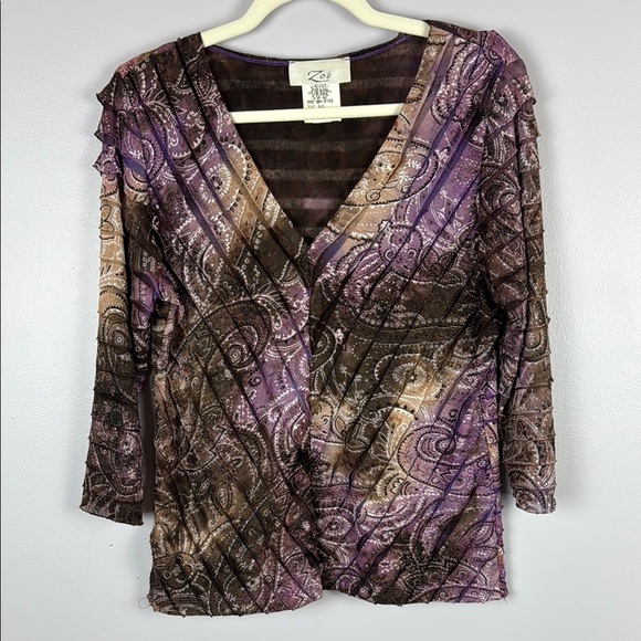 Zoé Elegant Purple and Brown Paisley Print 3/4 Sleeve Ruched Blouse Size Large - Picture 2 of 10